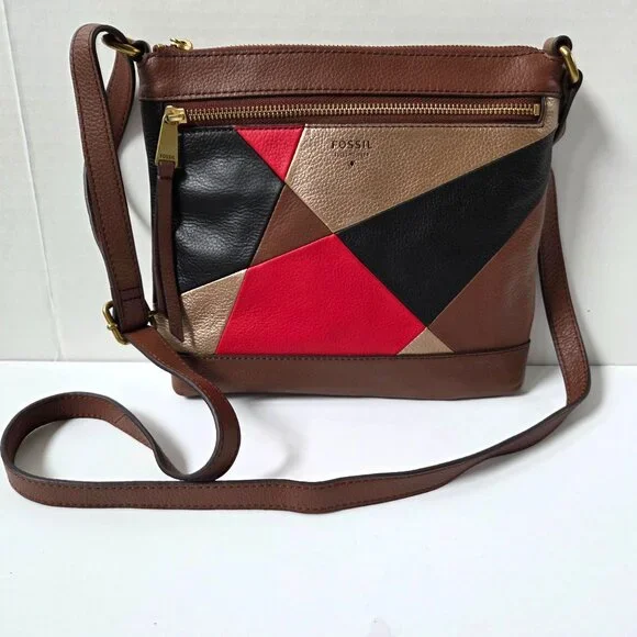 Fossil Purse Brown Red Gold Patchwork Leather Crossbody Bag Preppy Boho - Picture 2 of 7